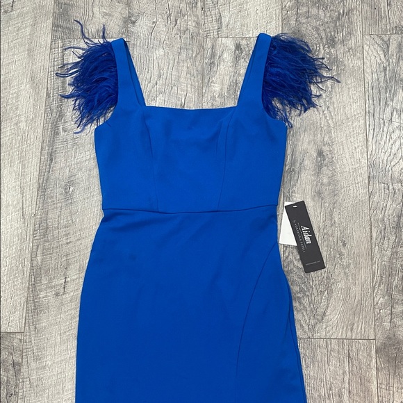 AidanAdrianna Papell Royal Blue knit crepe Midi Dress with Feather Accents - Picture 4 of 7